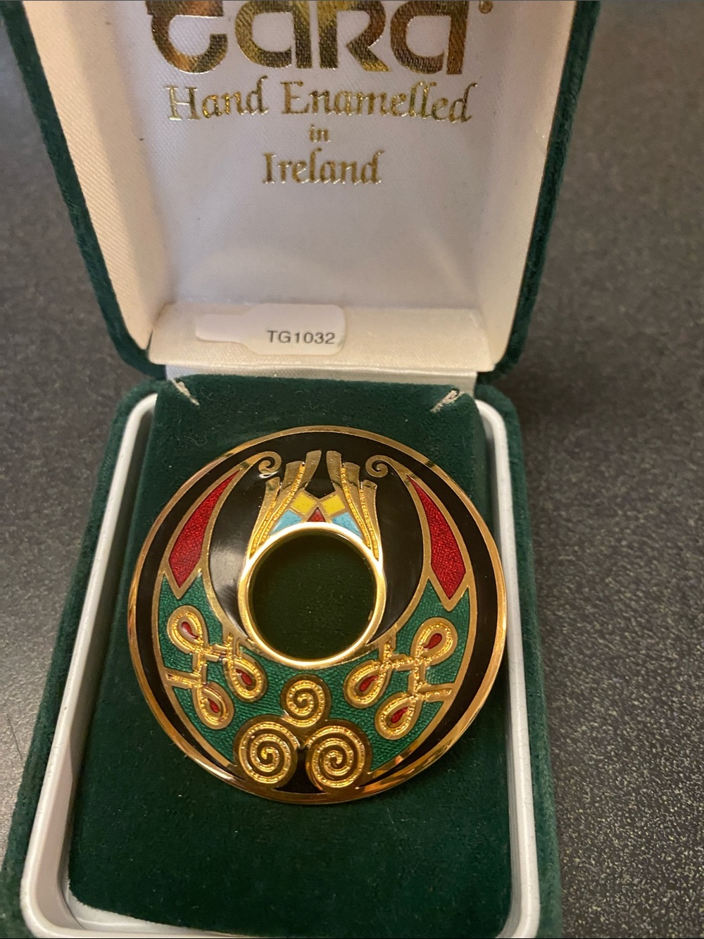 Cara Hand Enameled Gold-Tone Celtic Brooch in Red, Green and Black